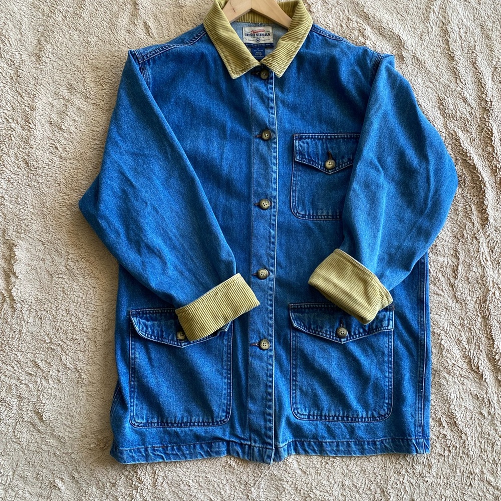 Vintage High Sierra Oversized Denim Jacket Tan Corduroy Details Dunagrees